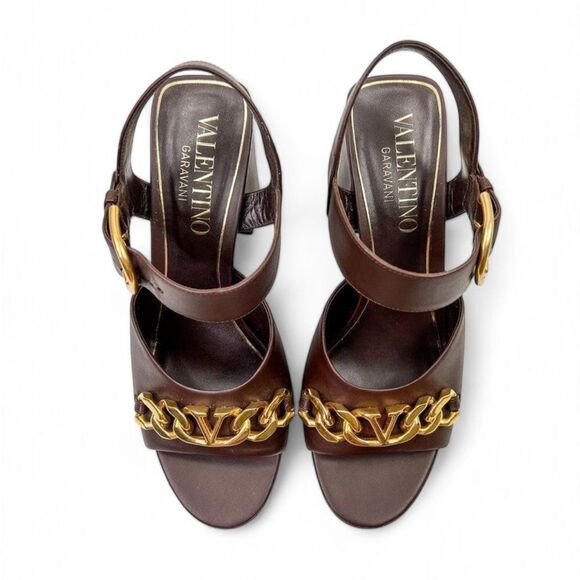 VALENTINO GARAVANI Brown Open Toe Gold VLogo Block Heel Sandals Size EU39 - Picture 3 of 16